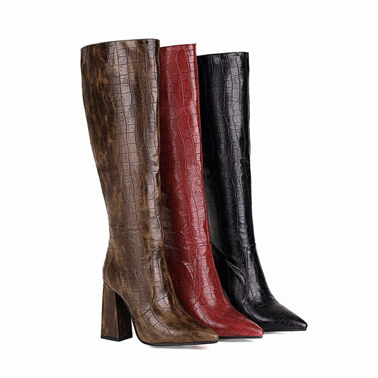 Woman Pattern Pu Leather Pointed Toe Side Zippers Block Heel Knee High Boots