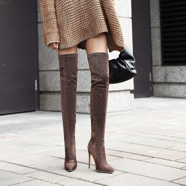 Woman Pointed Toe Side Zippers Stiletto Heel Over the Knee Boots