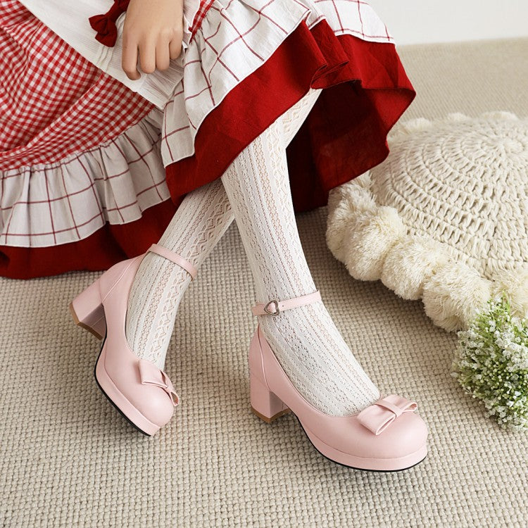 Women Ankle Strap Bow Chunky Heels Pumps Shoes