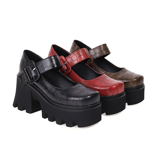 Women Crocodile Pattern Pu Leather Belts Buckles Chunky Heel Platform Mary Jane Shoes