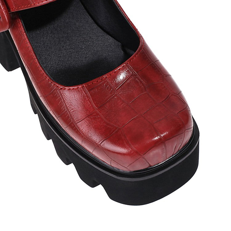 Women Crocodile Pattern Pu Leather Belts Buckles Chunky Heel Platform Mary Jane Shoes