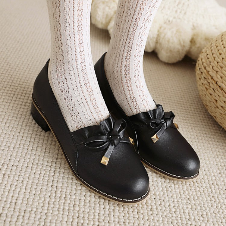 Woman Bow Chunky Low Heels Pumps