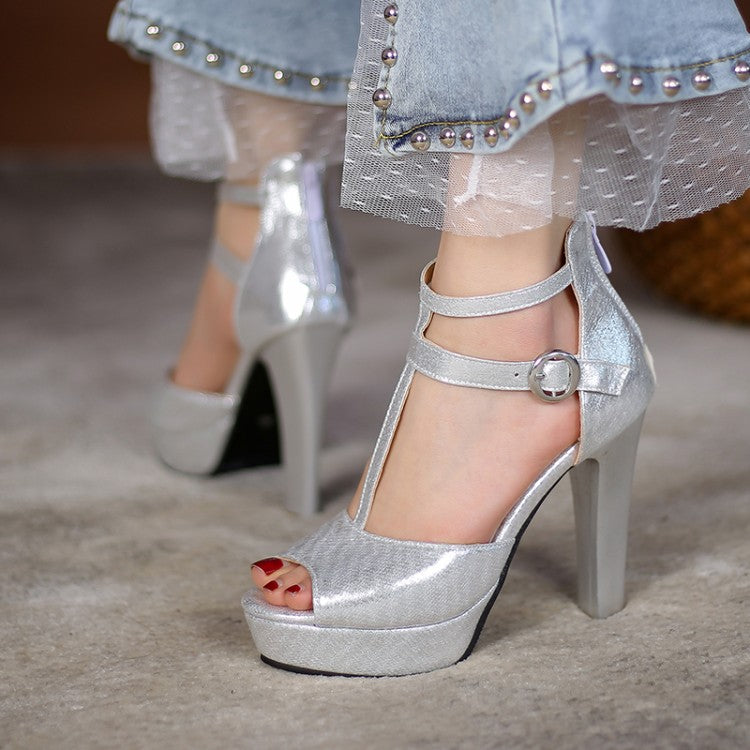 Women Glossy T Strap Peep Toe High Heel Platform Sandals