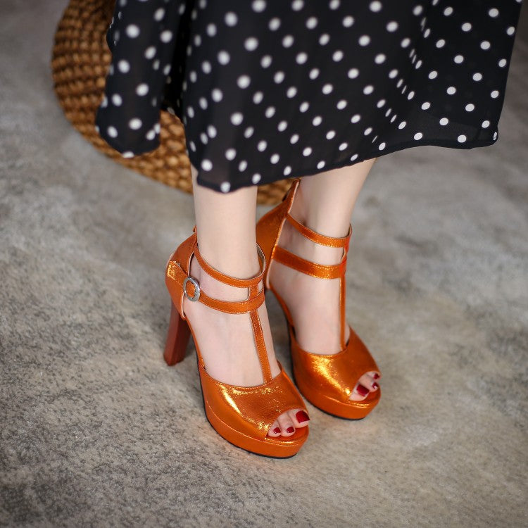 Women Glossy T Strap Peep Toe High Heel Platform Sandals