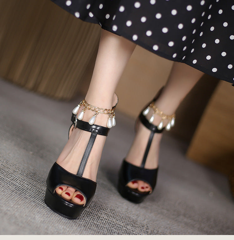 Women Peep Toe High Heel Rhinestone Chains Roman Style Platform Sandals