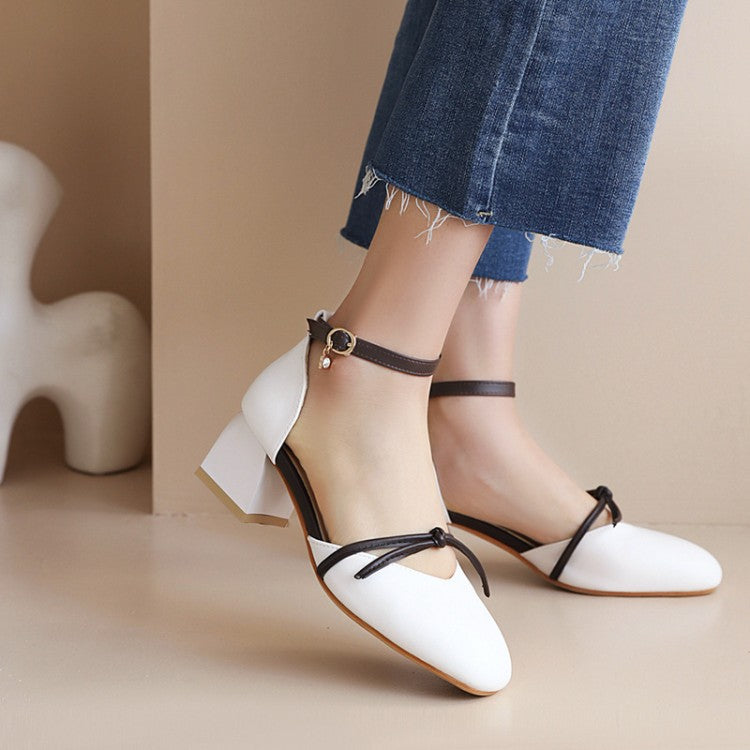 Woman Solid Color Knot Ankle Strap Block Heel Sandals