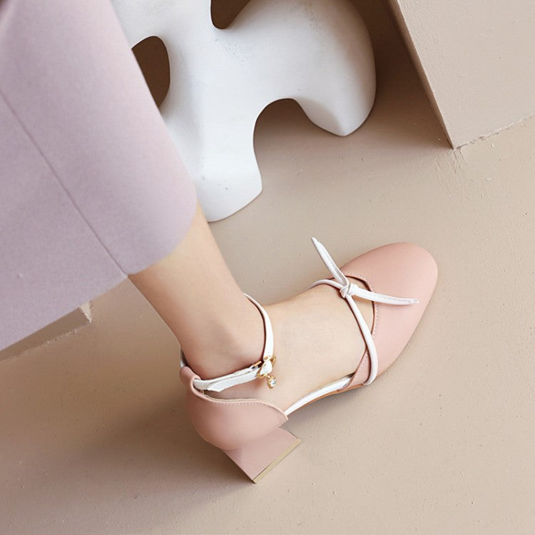 Woman Solid Color Knot Ankle Strap Block Heel Sandals