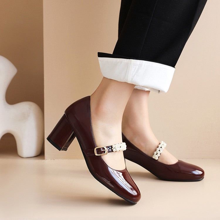 Women Pumps Glossy Round Toe Pearls Beading Belts Block Heel Mary Jane Shoes