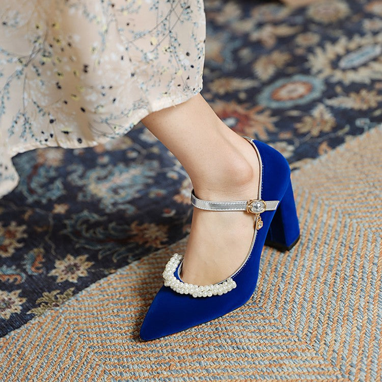 Women Pumps Pointed Toe Pearls Beading Ankle Strap Chunky Heel Wedding Shoes