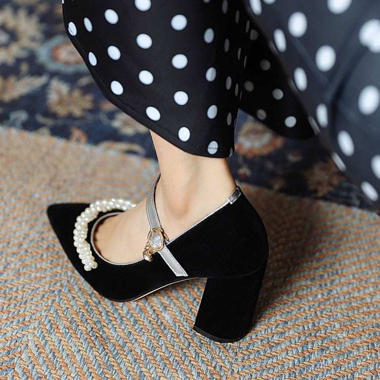 Women Pumps Pointed Toe Pearls Beading Ankle Strap Chunky Heel Wedding Shoes