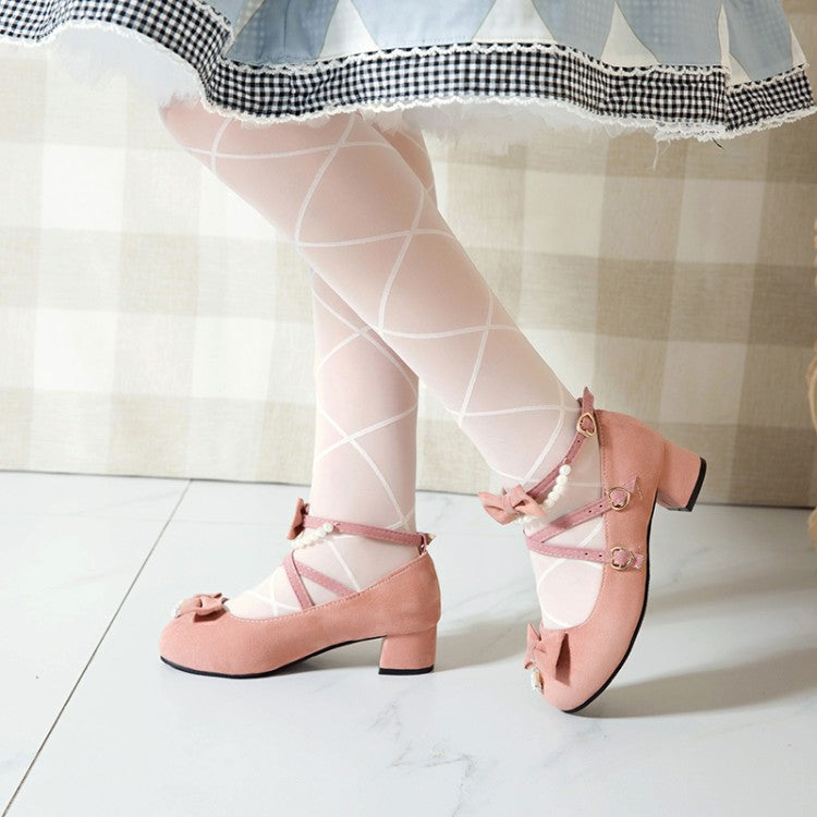 Women Flock Lolita Bowties Knot Mary Janes Ankle Strap Block Heel Pumps Shoes