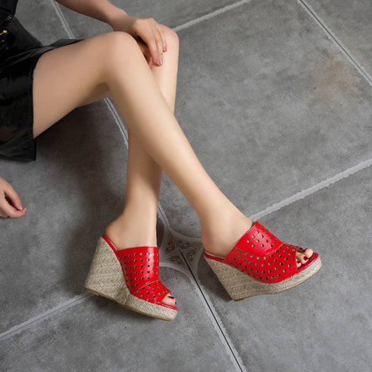 Women Solid Color Hollow Out Woven Wedge Heel Platform Sandals