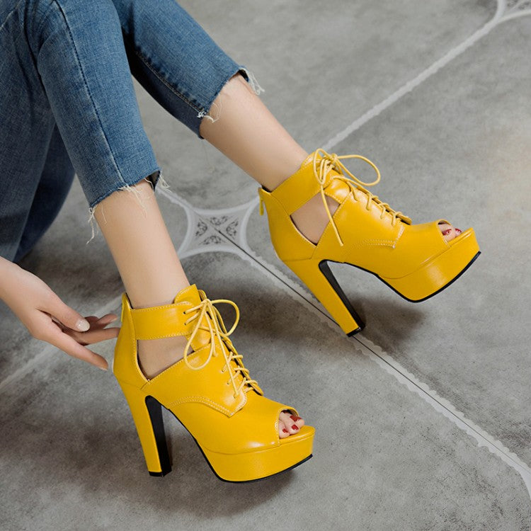 Women Solid Color Peep Toe Strap Ankle Wrap Platform Chunky Heel Sandals
