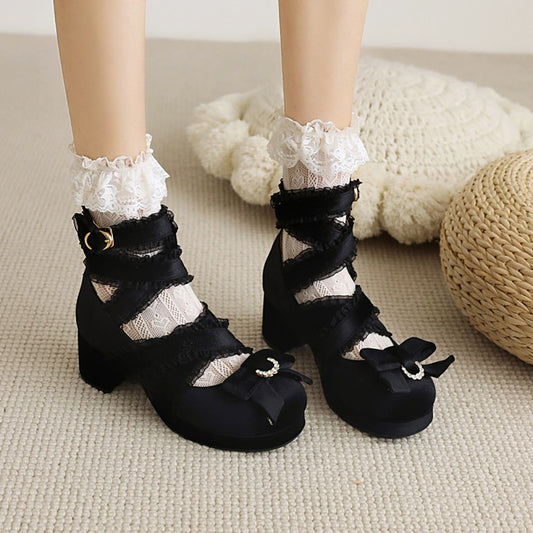 Women Lolita Round Toe Butterfly Knot Cross Lace Strap High Heels Chunky Heel Platform Sandals
