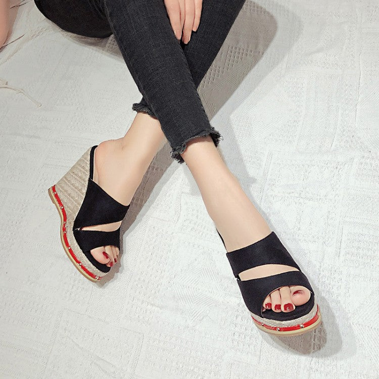 Women Solid Color Rivets Woven Wedge Heel Platform Sandals