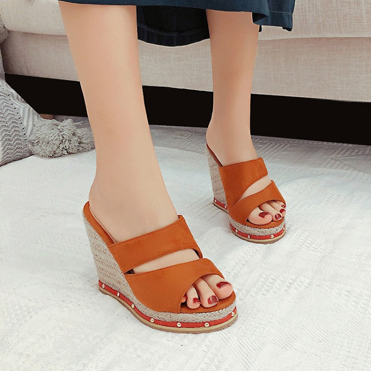 Women Solid Color Rivets Woven Wedge Heel Platform Sandals