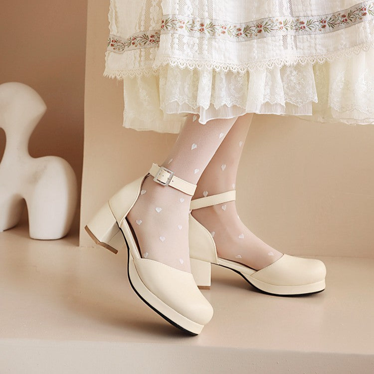 Women Solid Color Round Toe Hollow Out Ankle Strap Low Block Heels Sandals