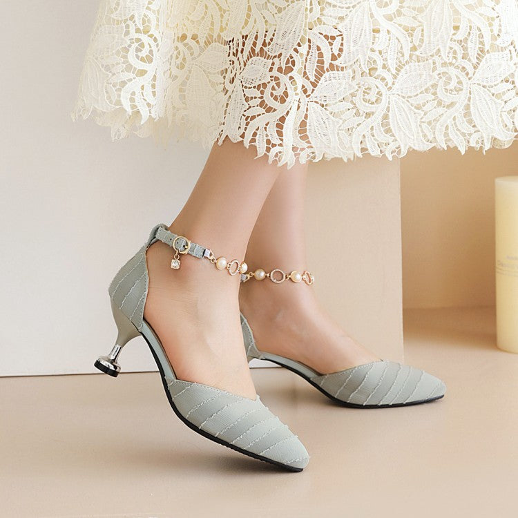 Woman Pointed Toe Hollow Out Metal Pearls Chains Ankle Strap Spool Heel Sandals