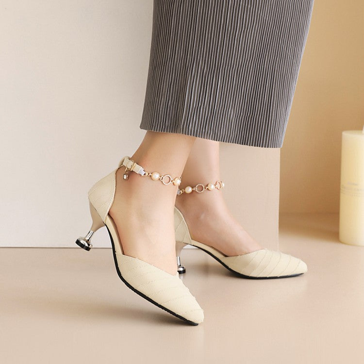 Woman Pointed Toe Hollow Out Metal Pearls Chains Ankle Strap Spool Heel Sandals