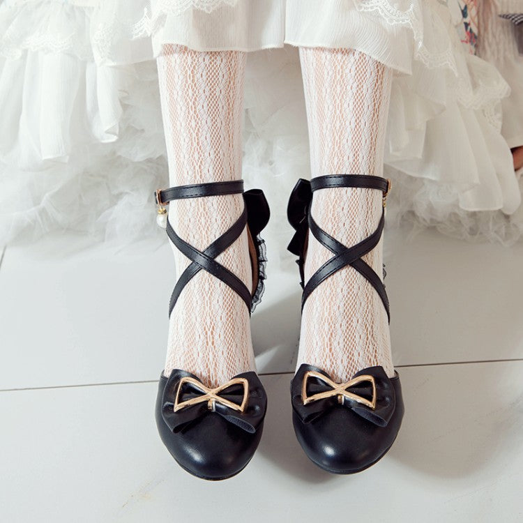 Women Pearls Sequins Bow Tie Ankle Strap Block Chunky Heel Sandals