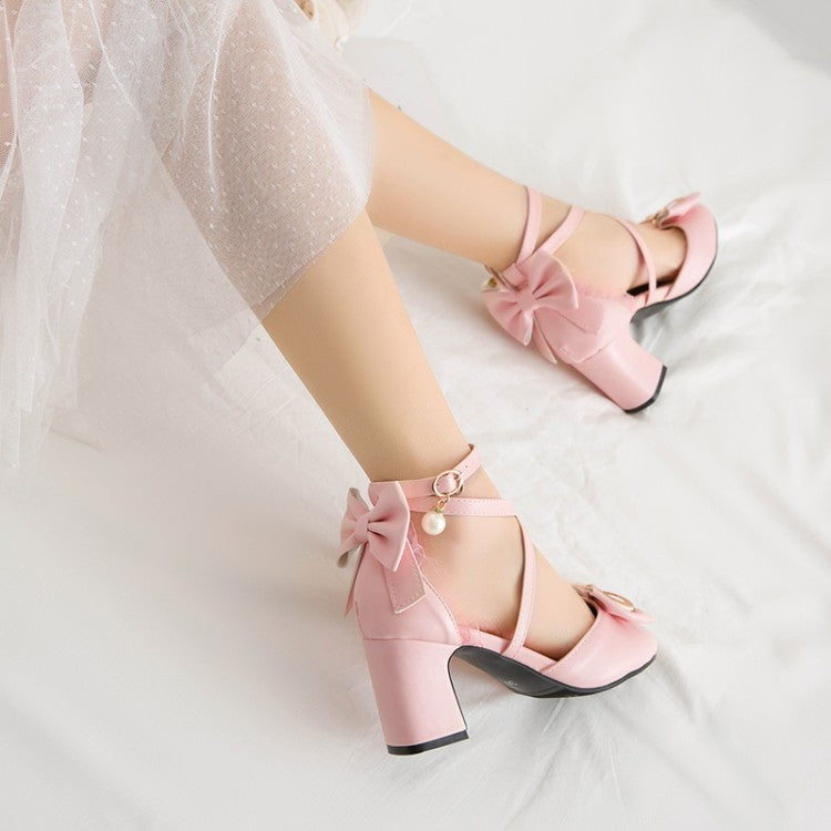 Women Pearls Sequins Bow Tie Ankle Strap Block Chunky Heel Sandals
