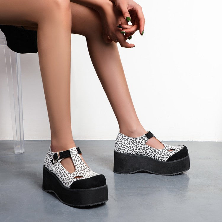 Woman T Strap Printed Platform Wedge Heels Shoes