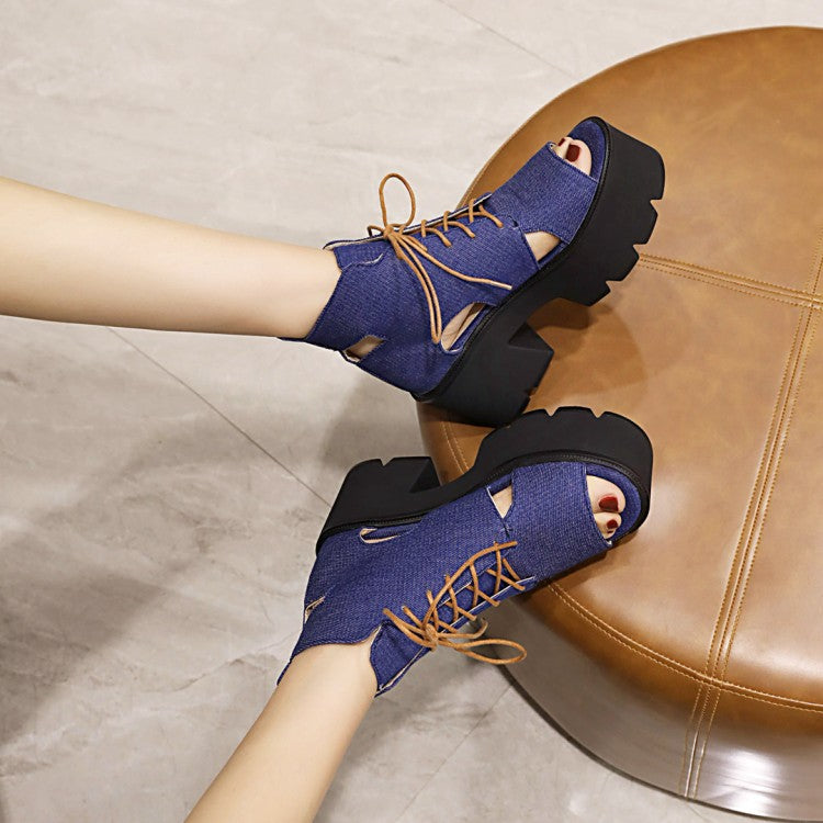 Woman Open Toe Denim Platform Sandals