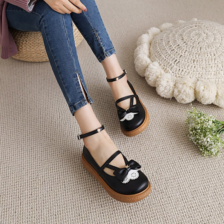 Women Lolita Round Toe Butterfly Knot Ankle Strap Platform Flats Shoes