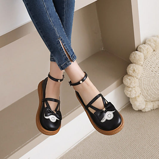 Women Lolita Round Toe Butterfly Knot Ankle Strap Platform Flats Shoes
