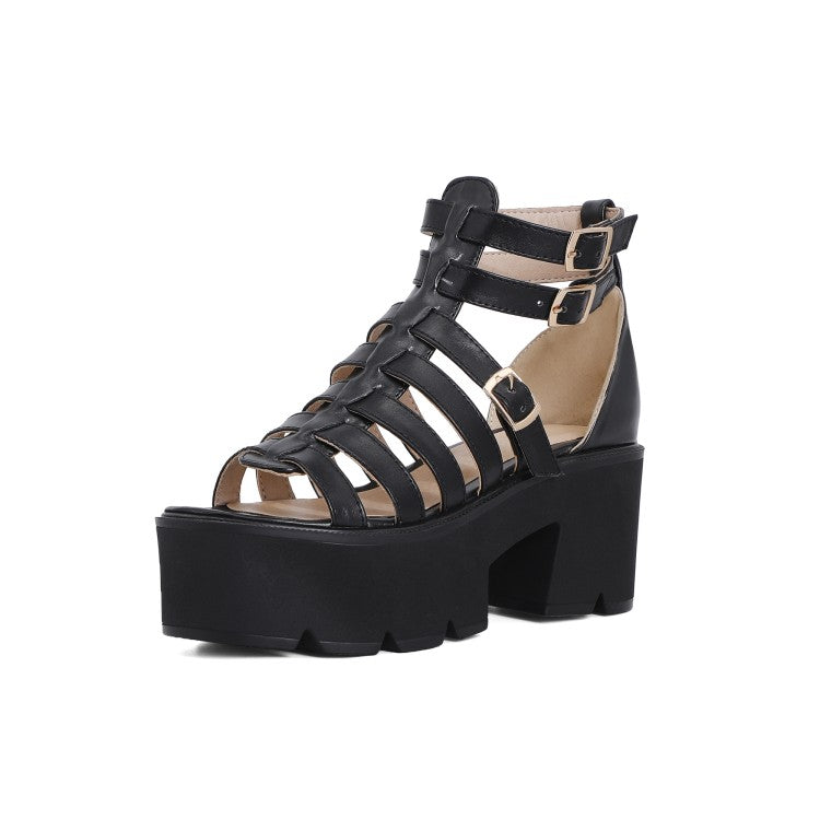 Woman Hollow Out Ankle Strap Buckle Thick Sole Chunky Heel Platform Sandals