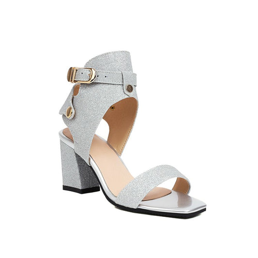 Woman Sparkling Square Toe Ankle Wrap Chunky Heel Buckle Sandals