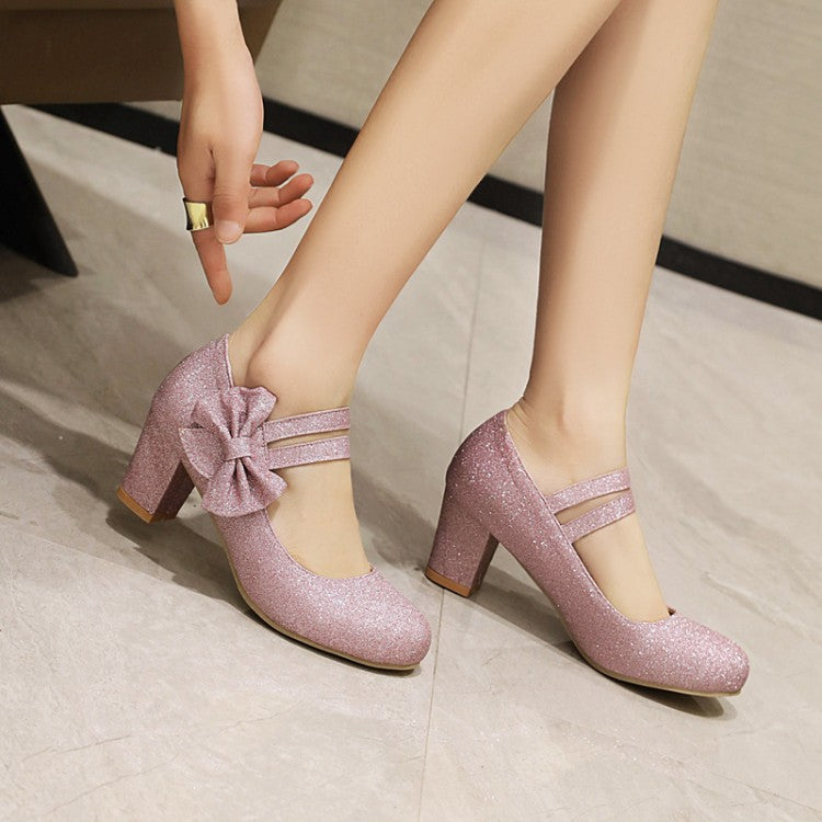 Woman Double Strap Bowtie High Heels Chunky Pumps