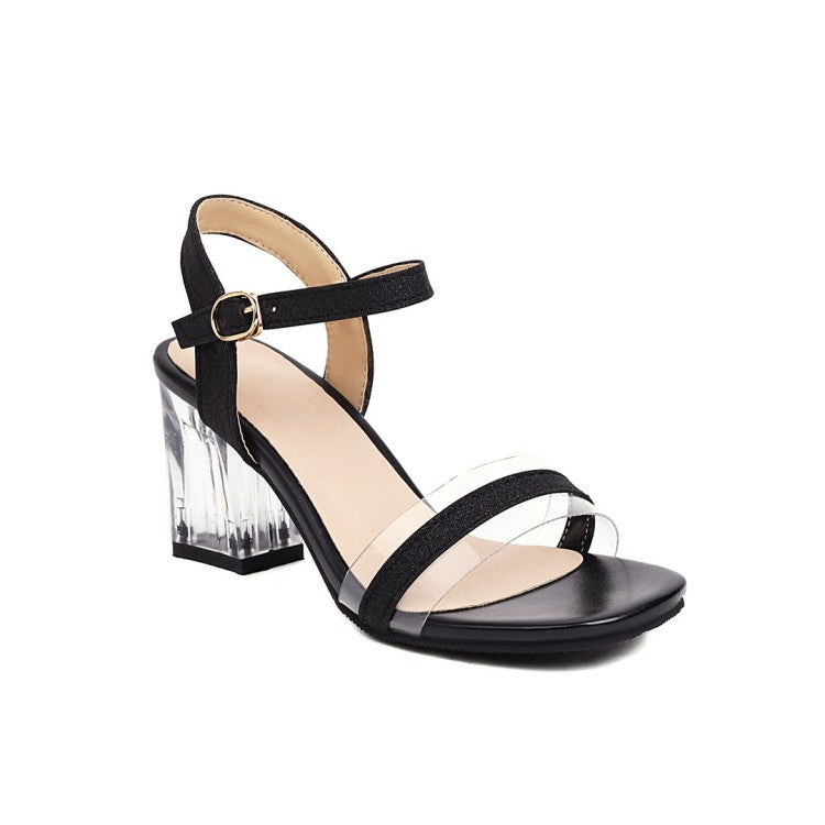 Woman Ankle Strap Buckle Transparent Crystal Chunky Heel Sandals
