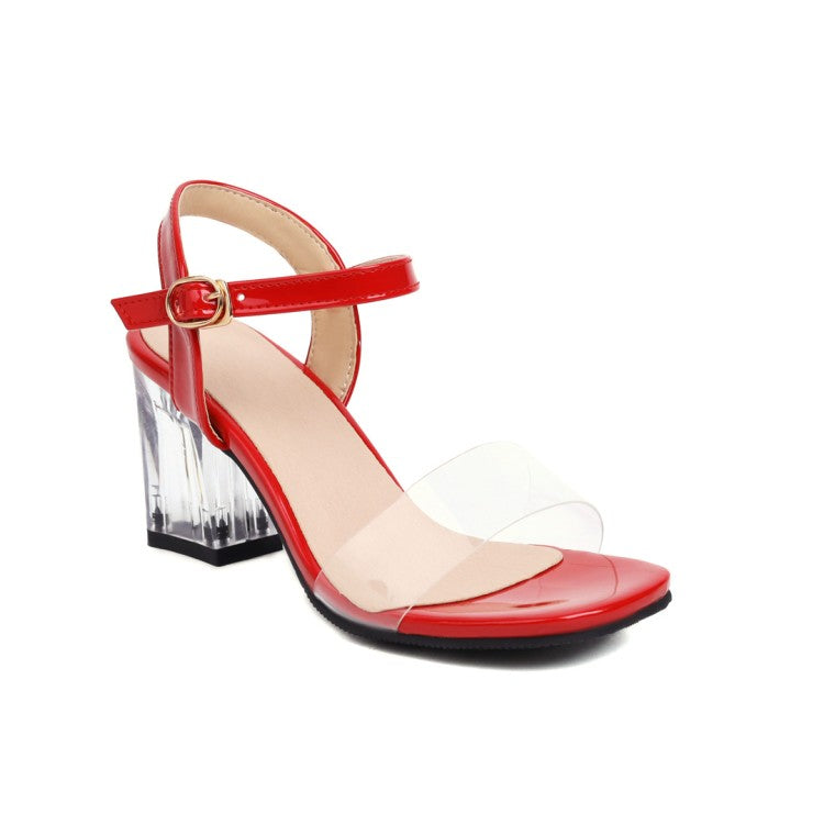 Woman Transparent Solid Color Crystal Chunky Heel Ankle Strap Sandals
