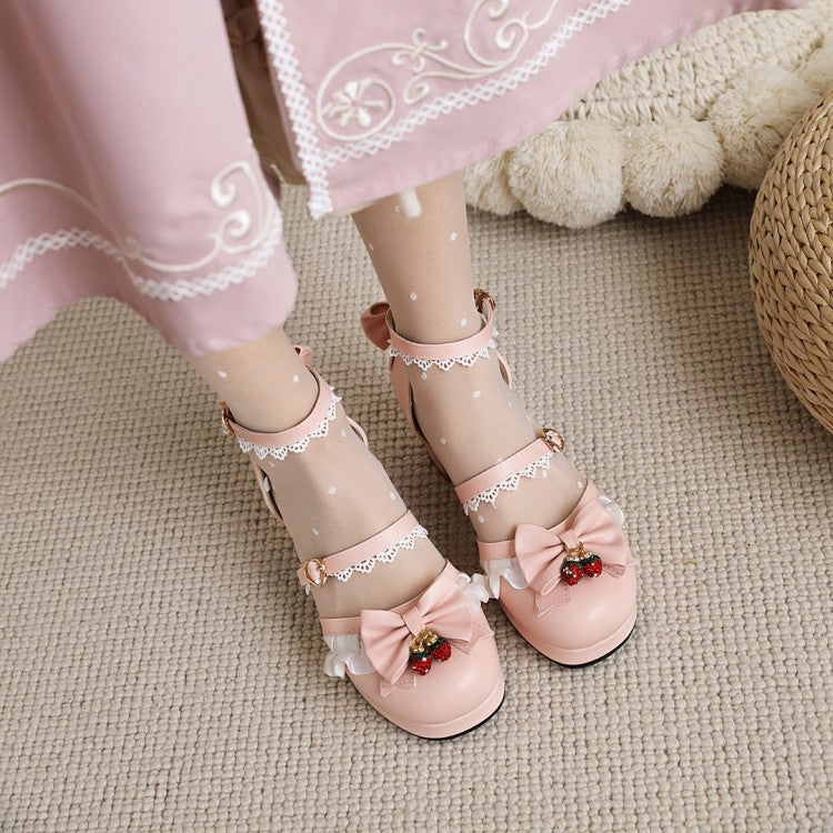 Woman Lolita Closed Toe Lace Butterfly Knot Medium Heel Chunky Heel Sandals