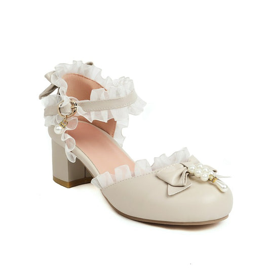 Woman Lolita Lace Butterfly Knot Pearls Chunky Heel Platform Sandals