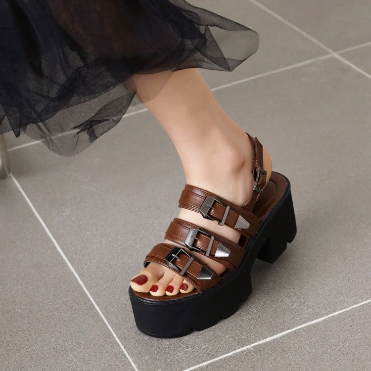 Woman Denim Round Toe Buckle Thick Sole Chunky Heel Platform Sandals