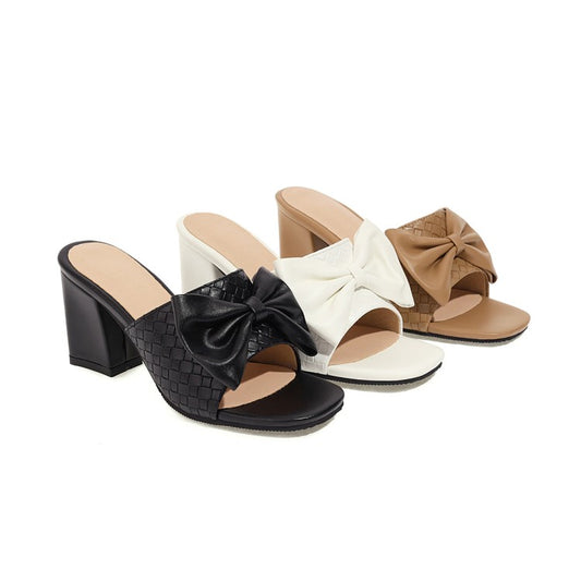 Woman Square Toe Woven Butterfly Knot Block Heel Sandals