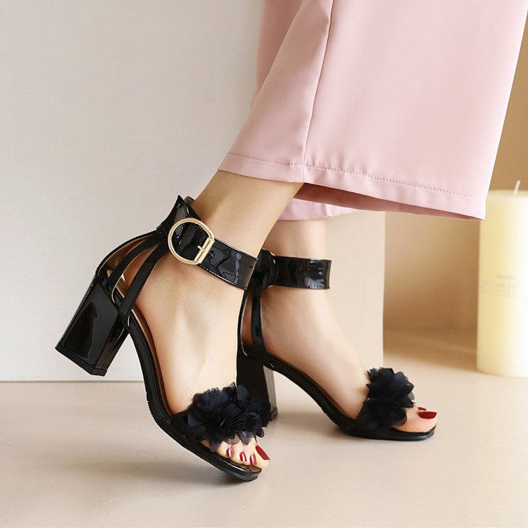 Woman Lace Flora Chunky Heel Ankle Strap Buckle Sandals