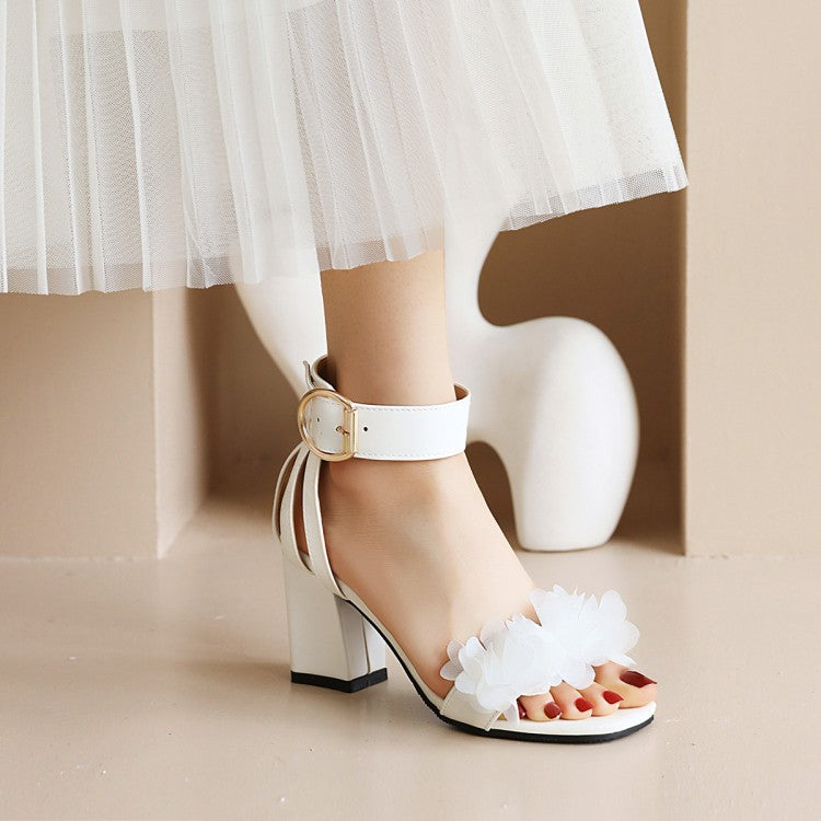 Woman Lace Flora Chunky Heel Ankle Strap Buckle Sandals