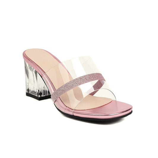 Woman Round Toe Crystal Chunky Heel Tied Strap Sandals