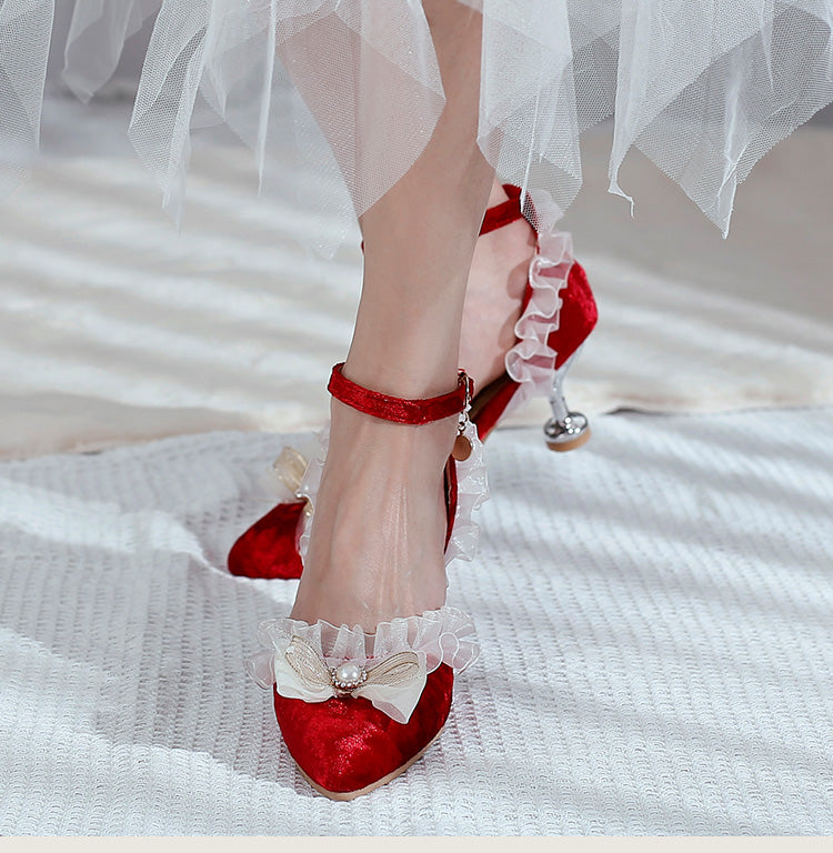 Woman High Heels Lolita Lace Pointed Toe Butterfly Knot Pearls Stiletto Sandals