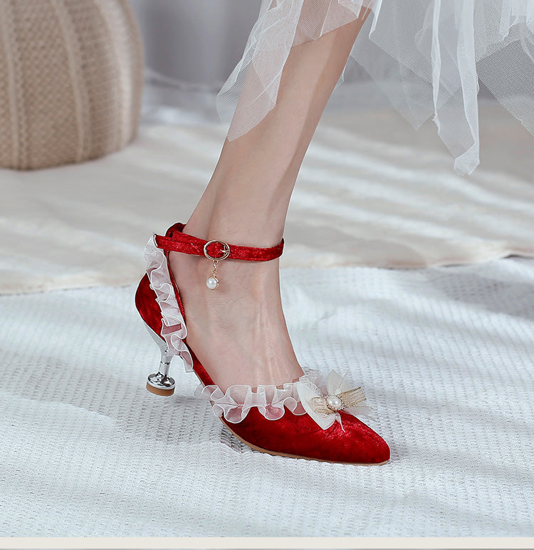Woman High Heels Lolita Lace Pointed Toe Butterfly Knot Pearls Stiletto Sandals