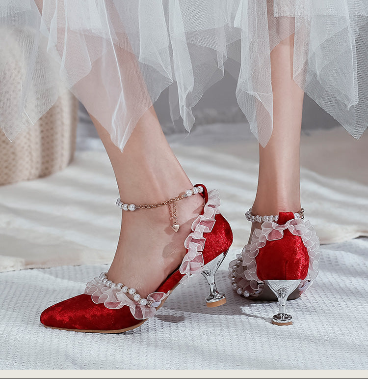 Woman High Heels Lolita Closed Toe Beading Lace Pointed Toe Spool Heel Stiletto Sandals