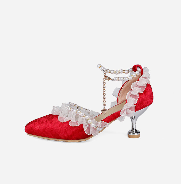 Woman High Heels Lolita Closed Toe Beading Lace Pointed Toe Spool Heel Stiletto Sandals
