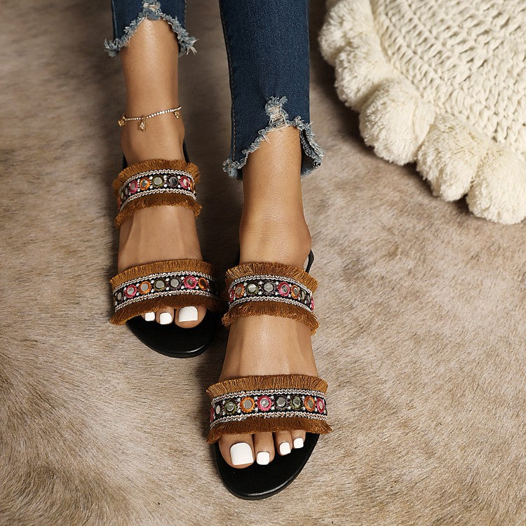 Women Bohemia Tassel Round Toe Flat Sandals