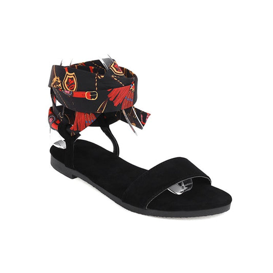 Women Round Toe Colorful Silk Ankle Strap Flat Sandals
