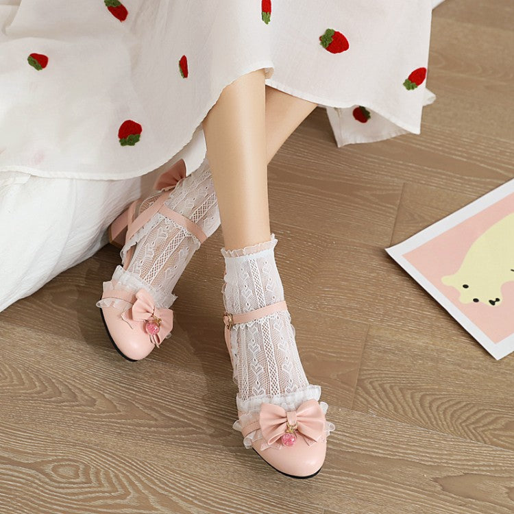 Woman Lolita Closed Toe Lace Butterfly Knot Block Heel Sandals