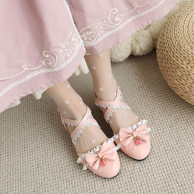 Woman Closed Toe Lolita Lace Butterfly Knot Round Toe Block Heel Sandals