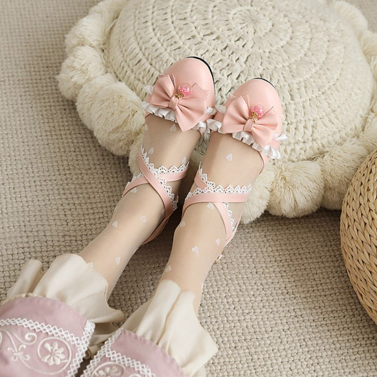 Woman Closed Toe Lolita Lace Butterfly Knot Round Toe Block Heel Sandals